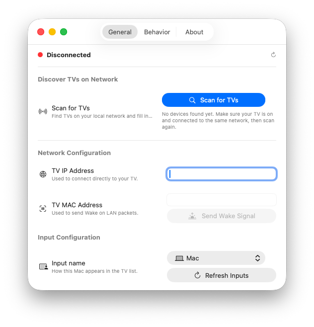 TV Control general preferences on macOS
