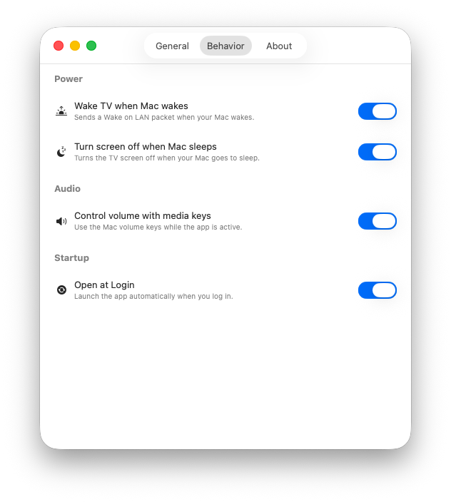 TV Control behavior settings window