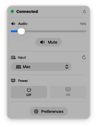 TV Control menu bar popover with controls