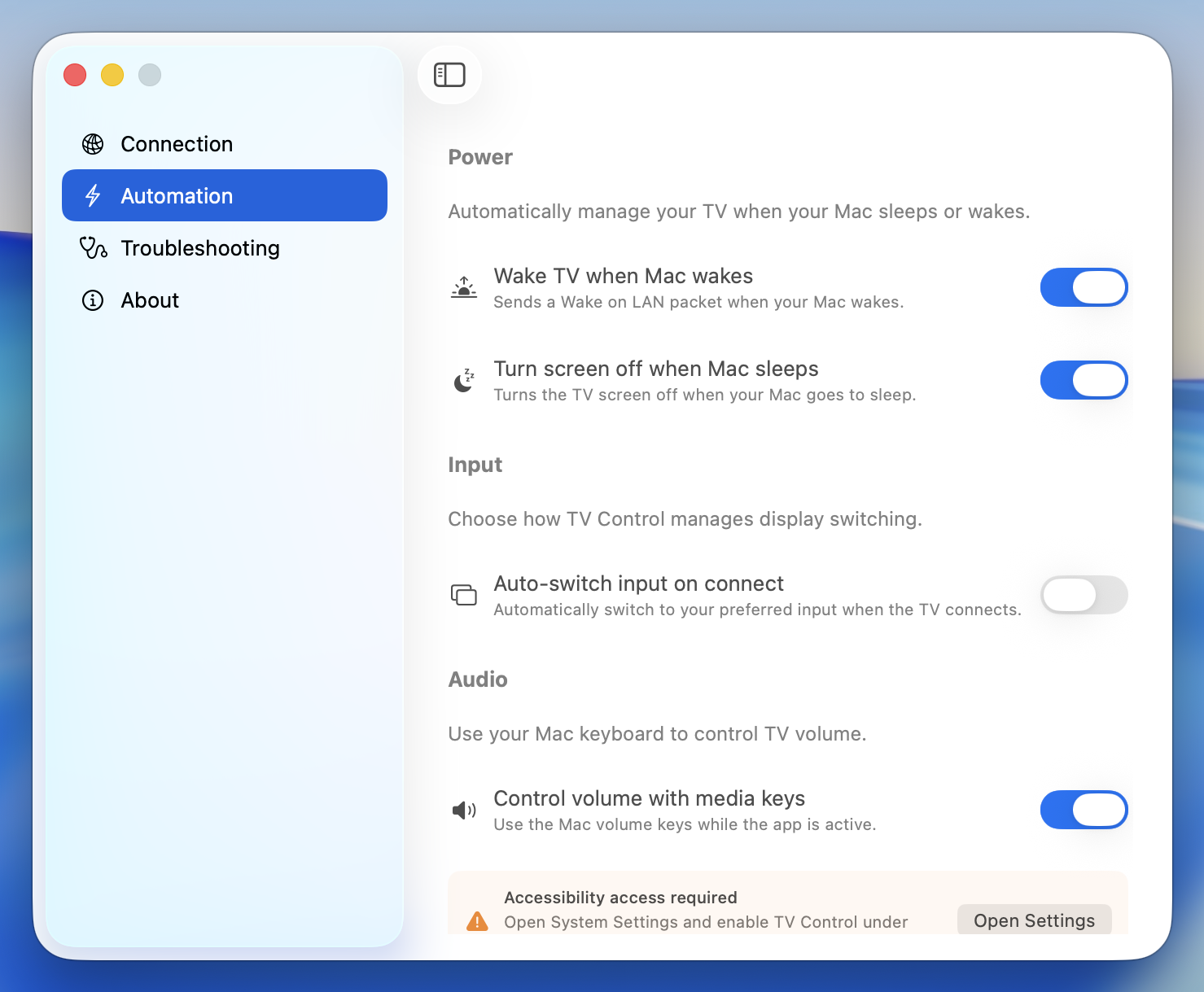 Automation preferences showing wake, sleep and input switching toggles