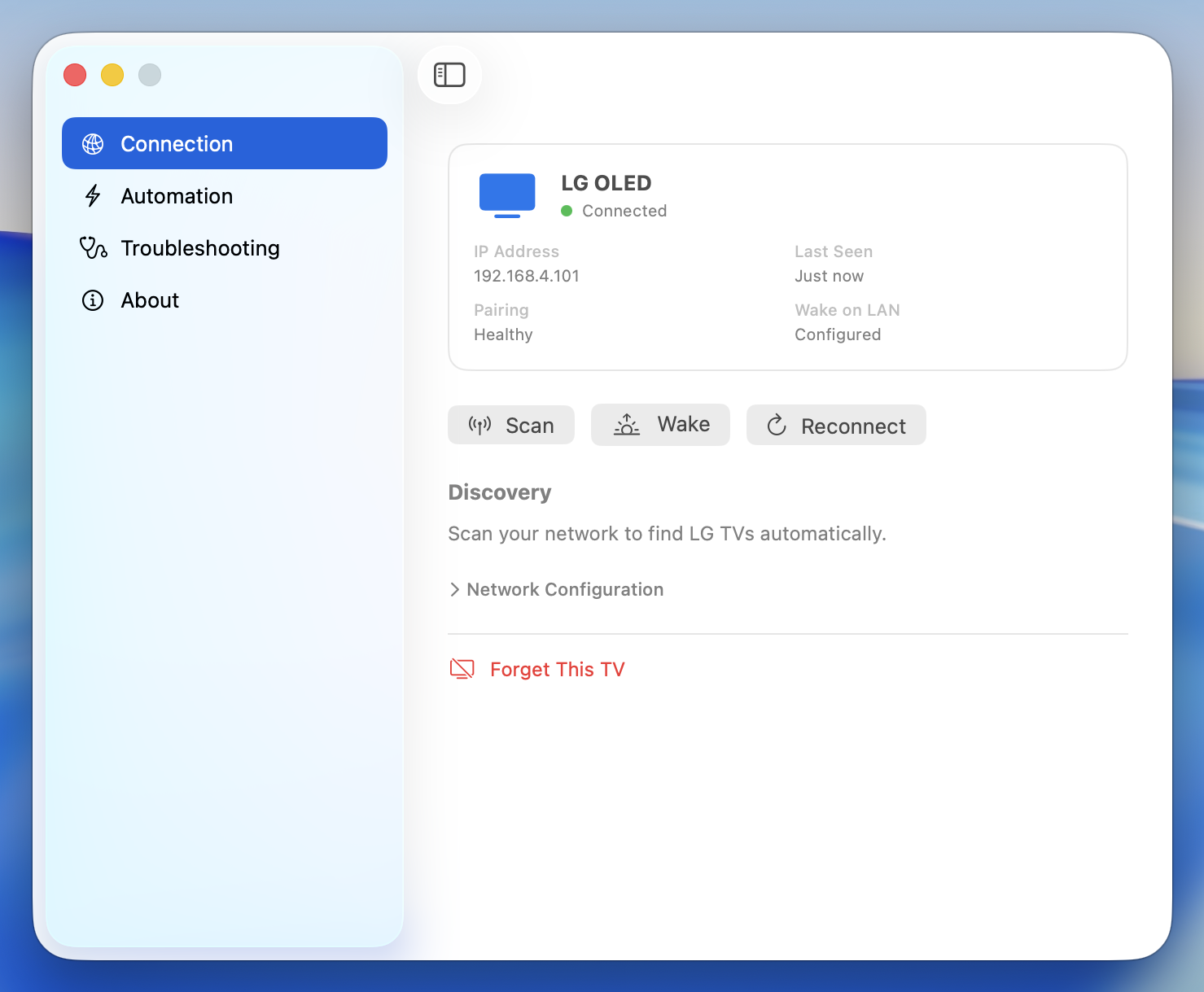 Settings window showing connection status and device information