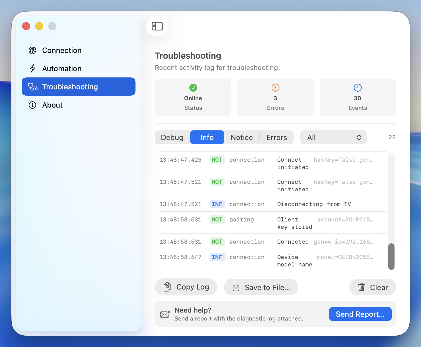 Diagnostics view showing health indicators and activity log